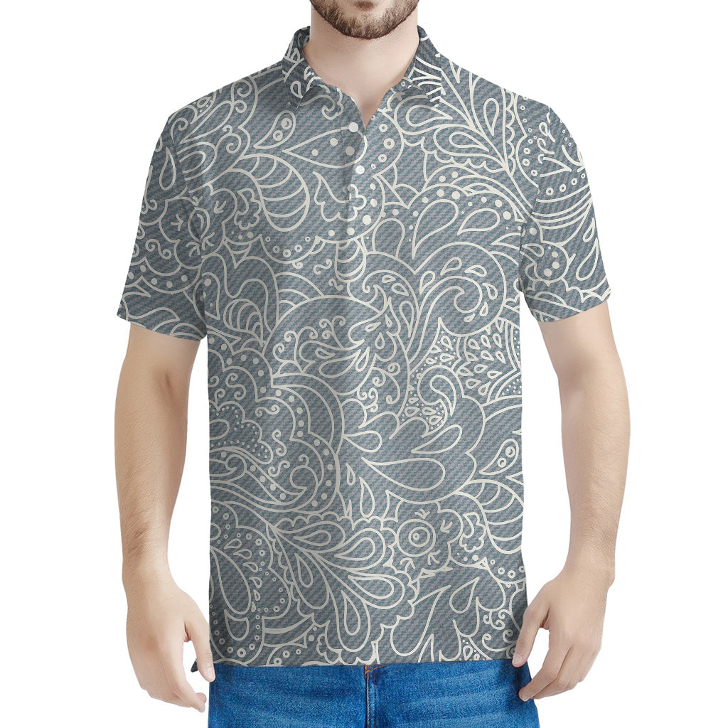 White And Grey Western Floral Print Men's Polo Shirt
