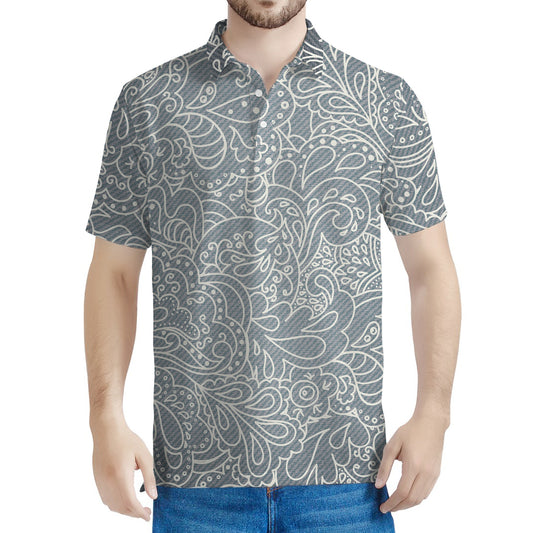 White And Grey Western Floral Print Men's Polo Shirt