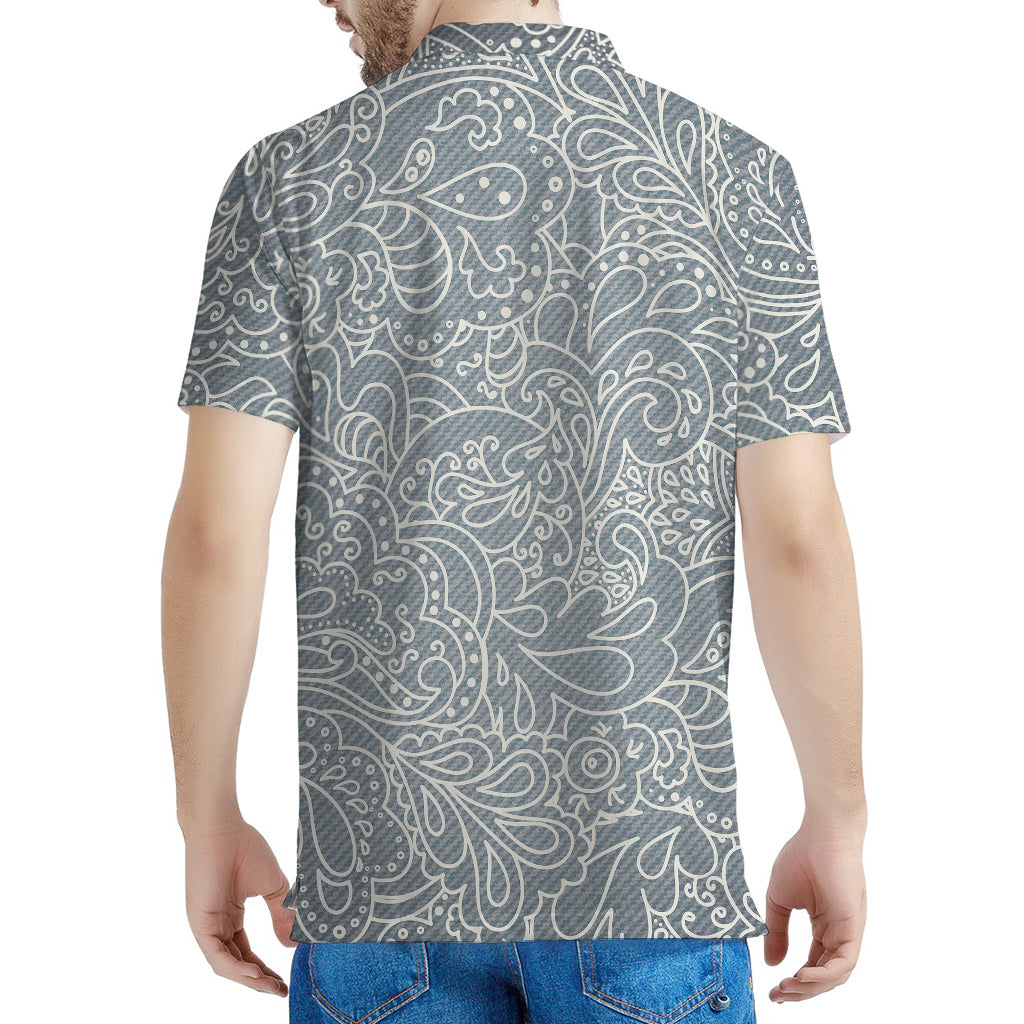 White And Grey Western Floral Print Men's Polo Shirt
