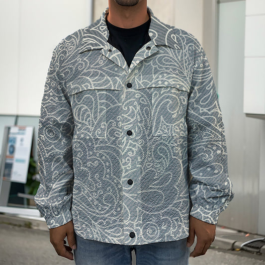 White And Grey Western Floral Print Men's Shirt Jacket