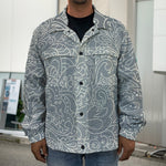 White And Grey Western Floral Print Men's Shirt Jacket