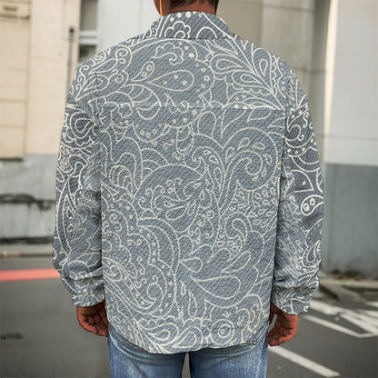 White And Grey Western Floral Print Men's Shirt Jacket