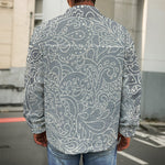 White And Grey Western Floral Print Men's Shirt Jacket