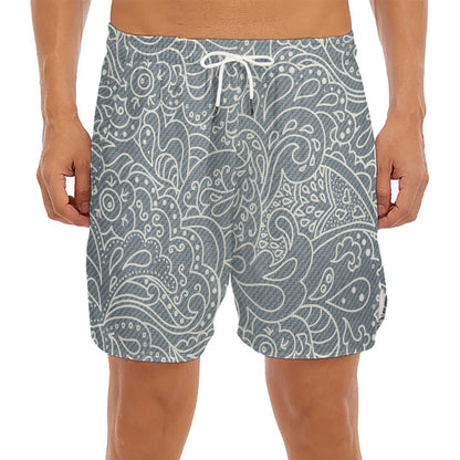 White And Grey Western Floral Print Men's Split Running Shorts
