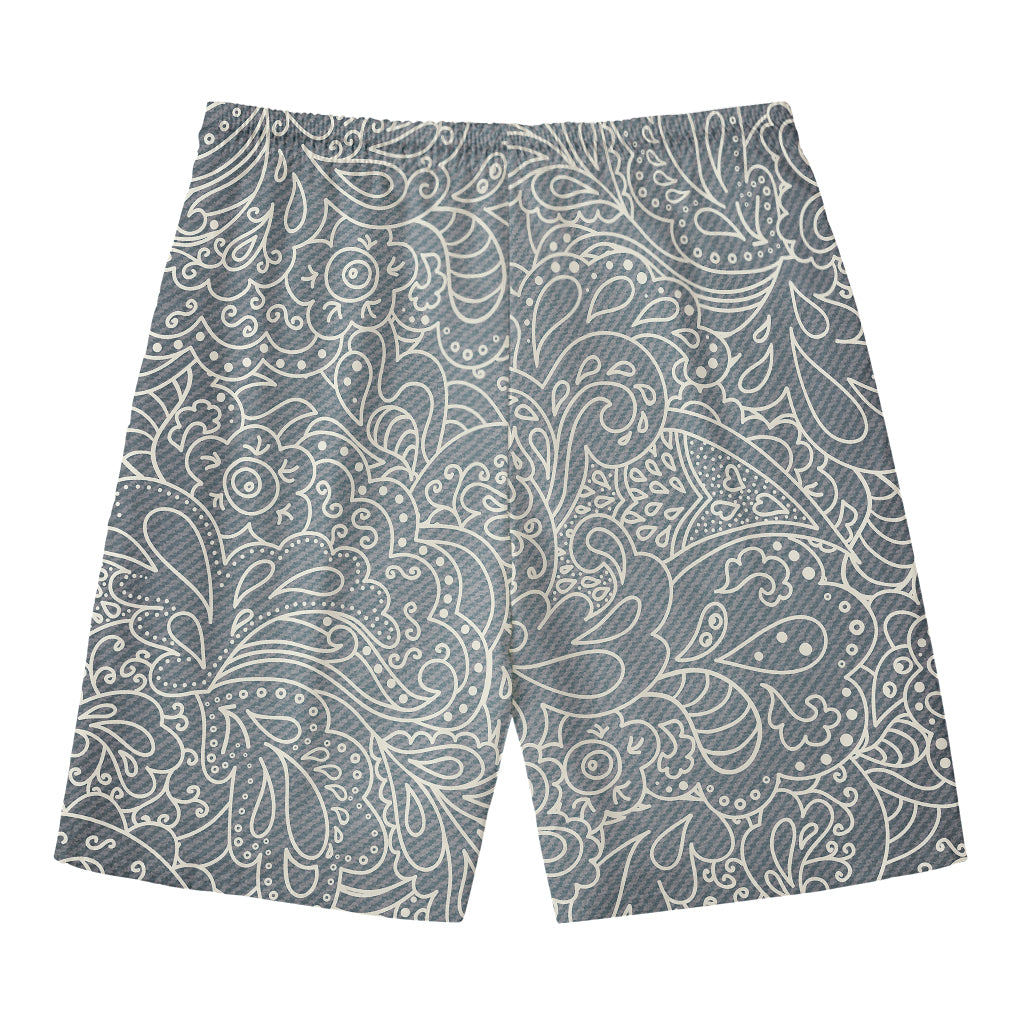 White And Grey Western Floral Print Men's Swim Trunks