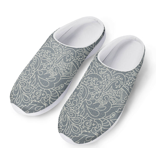 White And Grey Western Floral Print Mesh Casual Shoes