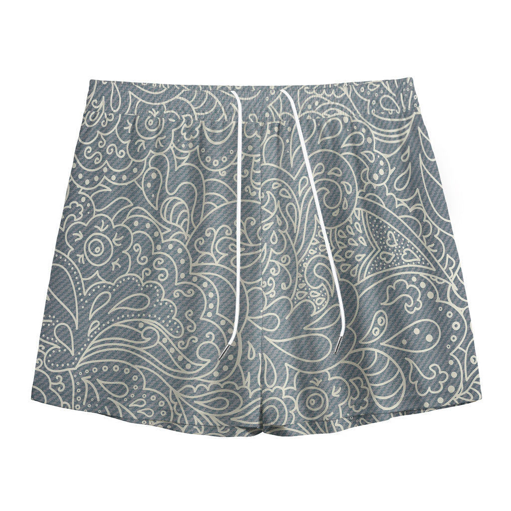 White And Grey Western Floral Print Mesh Shorts