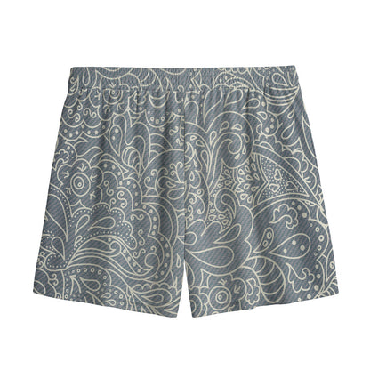 White And Grey Western Floral Print Mesh Shorts