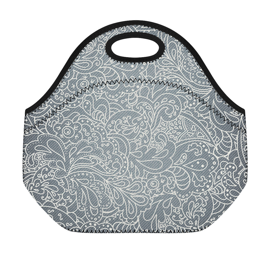 White And Grey Western Floral Print Neoprene Lunch Bag