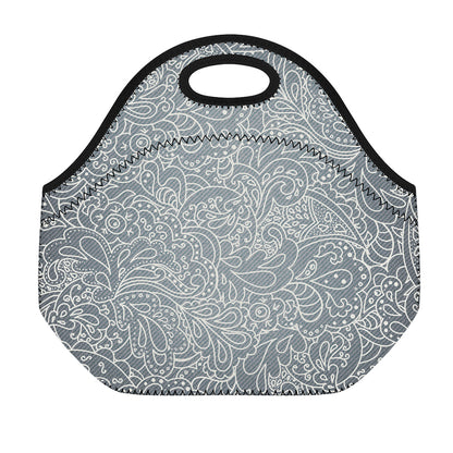 White And Grey Western Floral Print Neoprene Lunch Bag