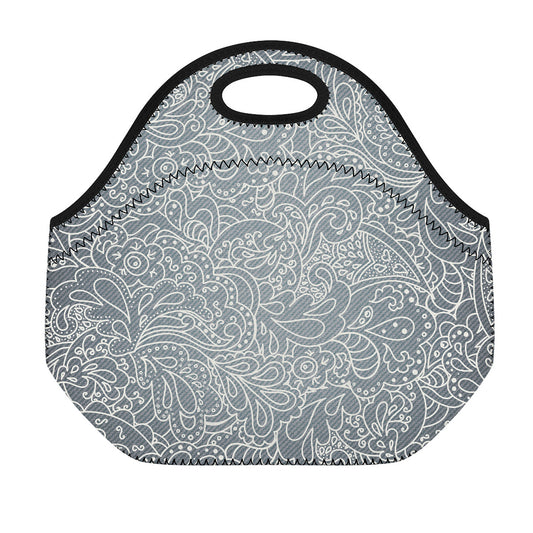 White And Grey Western Floral Print Neoprene Lunch Bag