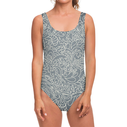 White And Grey Western Floral Print One Piece Swimsuit