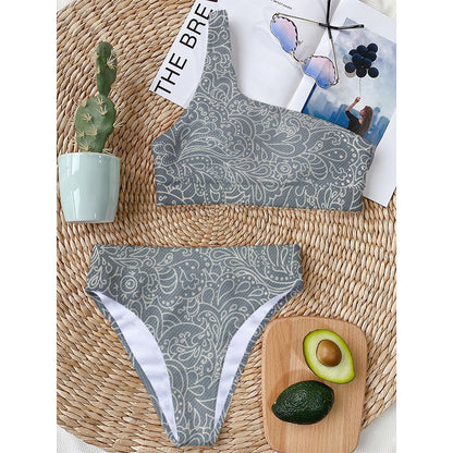 White And Grey Western Floral Print One Shoulder Bikini Top