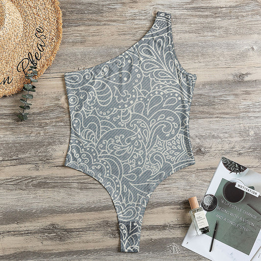 White And Grey Western Floral Print One Shoulder Bodysuit