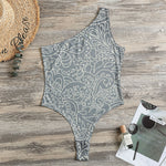 White And Grey Western Floral Print One Shoulder Bodysuit