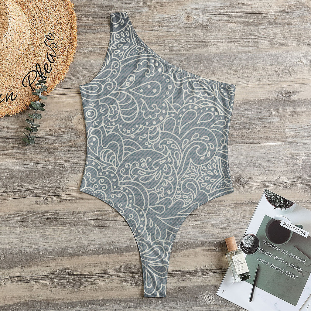 White And Grey Western Floral Print One Shoulder Bodysuit