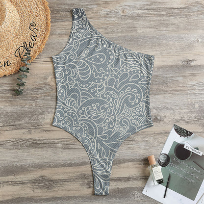 White And Grey Western Floral Print One Shoulder Bodysuit