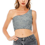 White And Grey Western Floral Print One Shoulder Crop Top