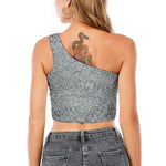 White And Grey Western Floral Print One Shoulder Crop Top
