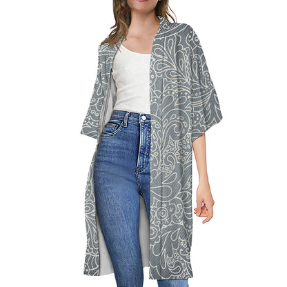White And Grey Western Floral Print Open Front Beach Cover Up