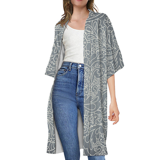 White And Grey Western Floral Print Open Front Beach Cover Up