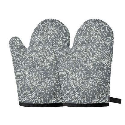 White And Grey Western Floral Print Oven Mitts