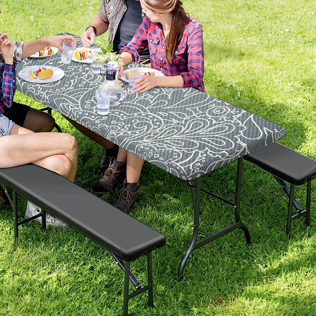 White And Grey Western Floral Print Picnic Table Cover