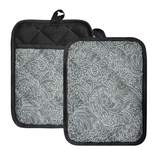 White And Grey Western Floral Print Pot Holders With Pocket