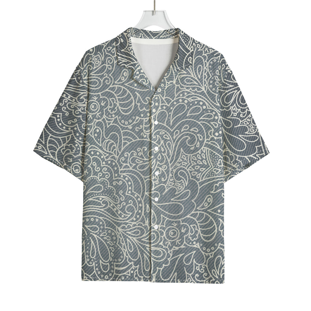 White And Grey Western Floral Print Rayon Hawaiian Shirt