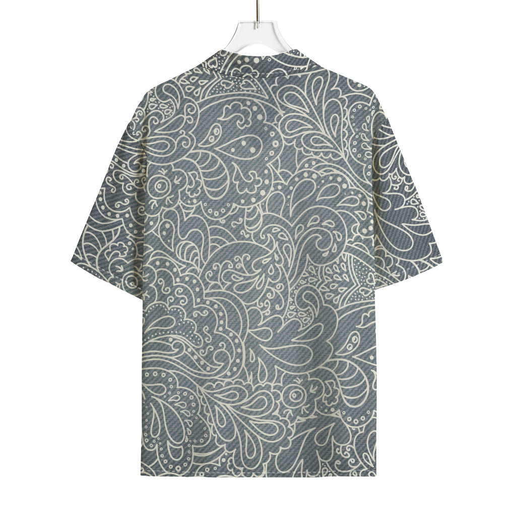 White And Grey Western Floral Print Rayon Hawaiian Shirt