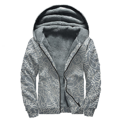 White And Grey Western Floral Print Sherpa Lined Zip Up Hoodie