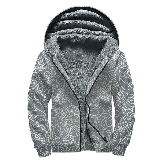 White And Grey Western Floral Print Sherpa Lined Zip Up Hoodie