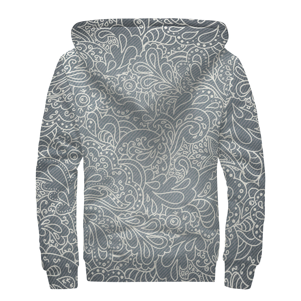 White And Grey Western Floral Print Sherpa Lined Zip Up Hoodie