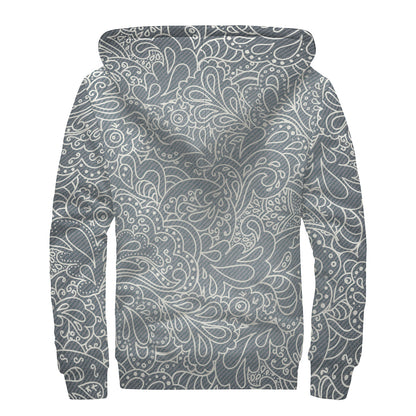 White And Grey Western Floral Print Sherpa Lined Zip Up Hoodie