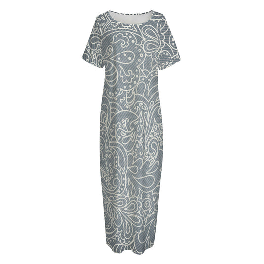 White And Grey Western Floral Print Short Sleeve Long Nightdress