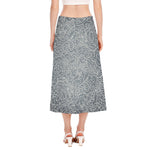 White And Grey Western Floral Print Side Slit Midi Skirt