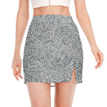 White And Grey Western Floral Print Side Slit Mini Skirt