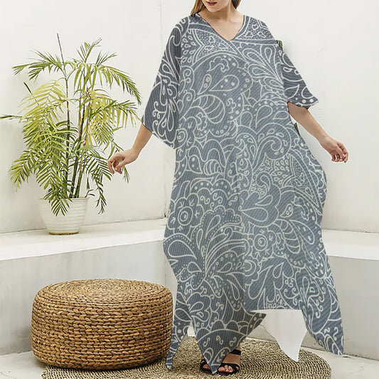 White And Grey Western Floral Print Silk V-Neck Kaftan Dress