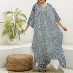 White And Grey Western Floral Print Silk V-Neck Kaftan Dress