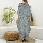 White And Grey Western Floral Print Silk V-Neck Kaftan Dress