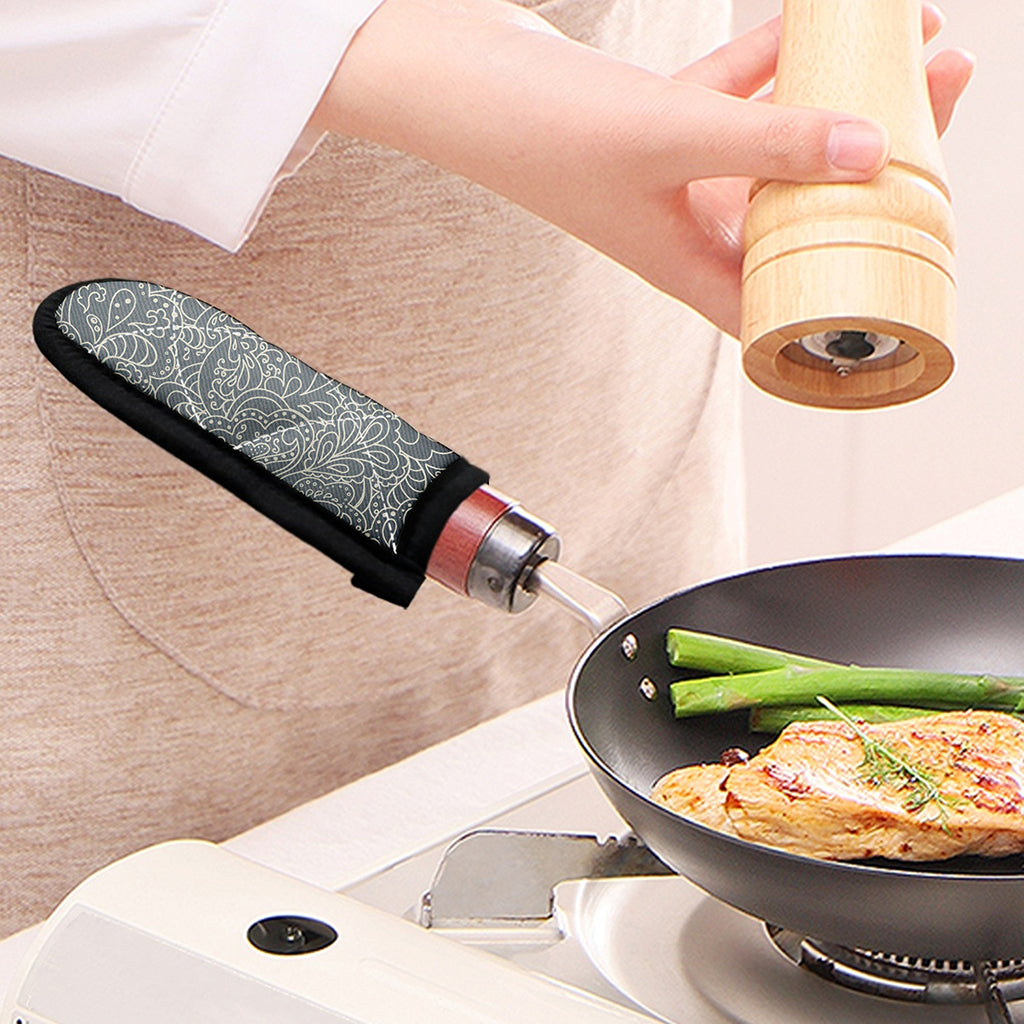 White And Grey Western Floral Print Skillet Handle Cover