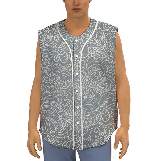 White And Grey Western Floral Print Sleeveless Baseball Jersey