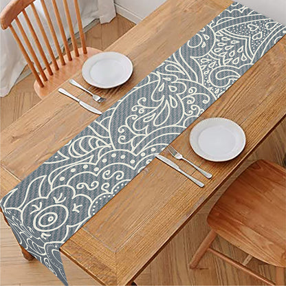 White And Grey Western Floral Print Table Runner