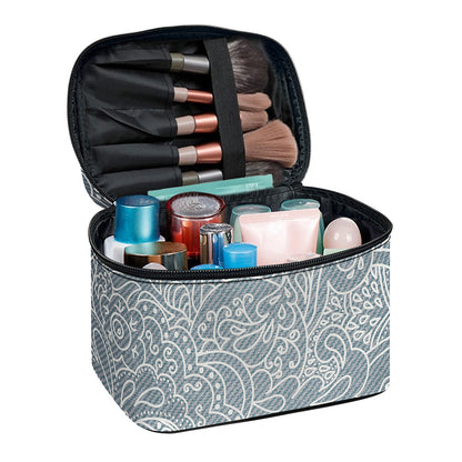 White And Grey Western Floral Print Travel Makeup Bag