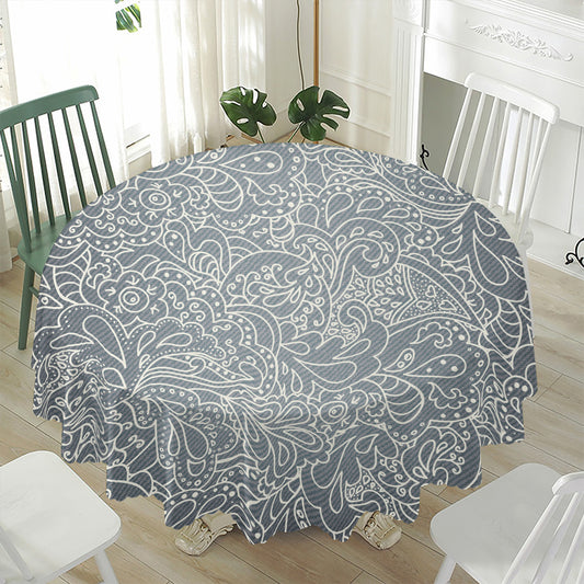 White And Grey Western Floral Print Waterproof Round Tablecloth