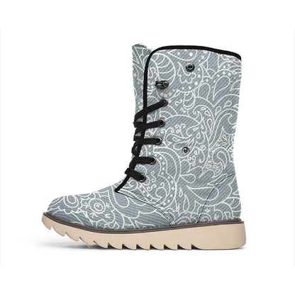 White And Grey Western Floral Print Winter Boots