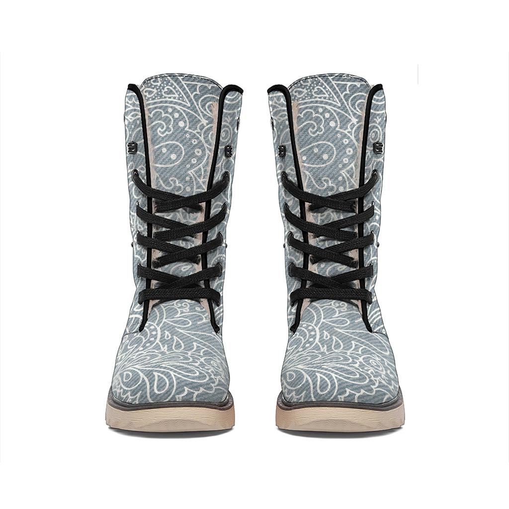 White And Grey Western Floral Print Winter Boots