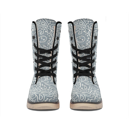 White And Grey Western Floral Print Winter Boots