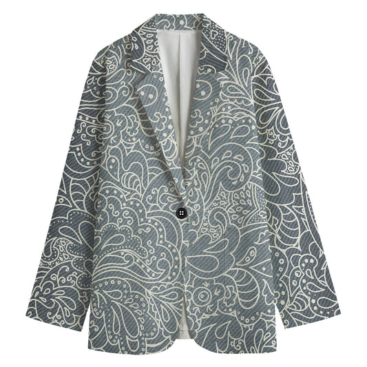 White And Grey Western Floral Print Women's Blazer