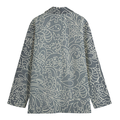 White And Grey Western Floral Print Women's Blazer